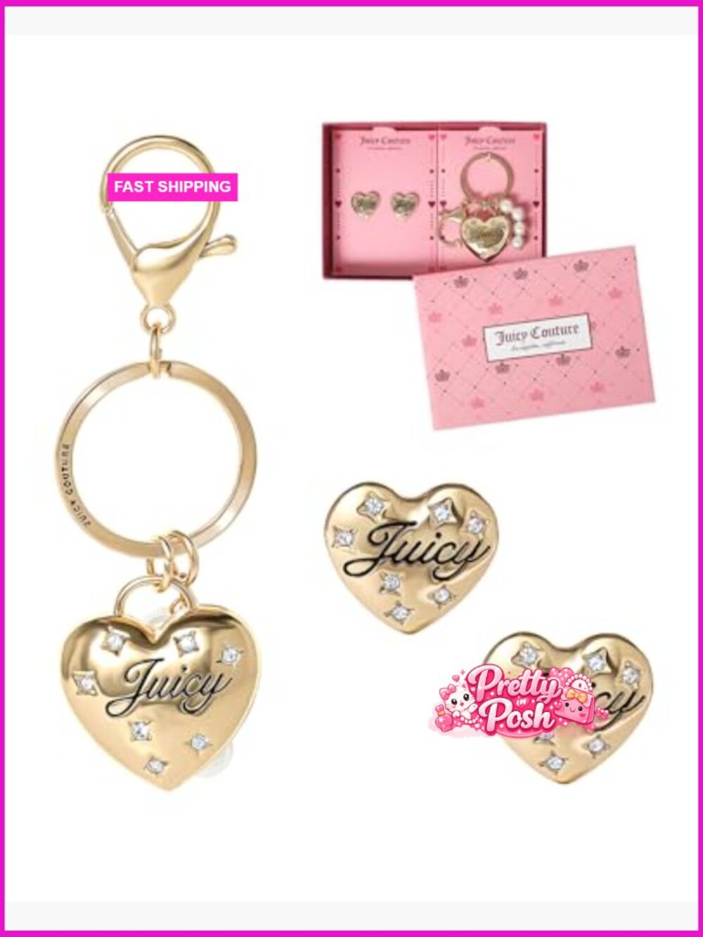 Logo Keychain and Stud Earrings Set with Rhinestone Stars - Picture 2 of 5